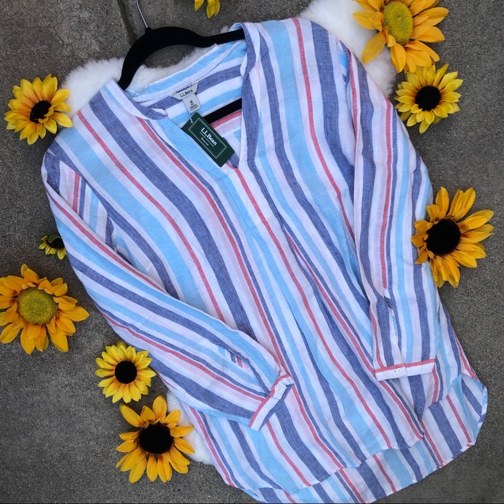 L.L. Bean Pool Blue Linen Striped Blouse NWT